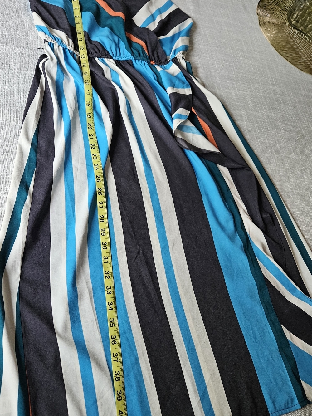 ​ANN TAYLOR LOFT Striped Faux Wrap Maxi Dress Small Blue Teal Orange Ruffle - Picture 12 of 16